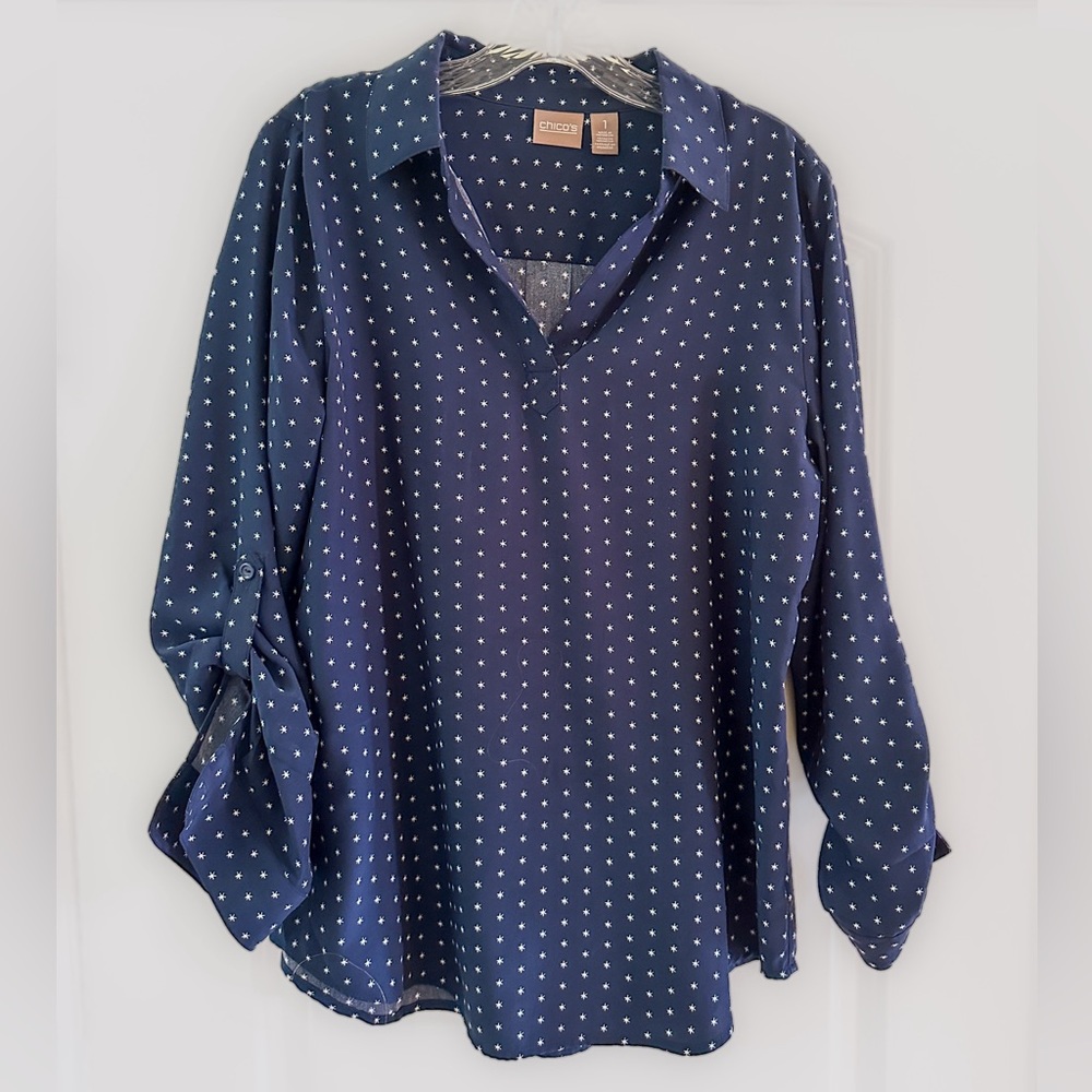 Chico’s Blouse, Blue with white star pattern